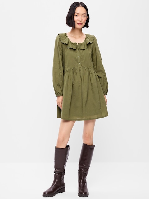 Long-Sleeve Ruffle-Collar Swing Mini Dress