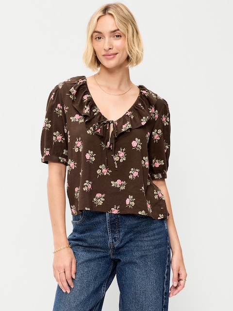 Ruffle Collar Tie-Front Top