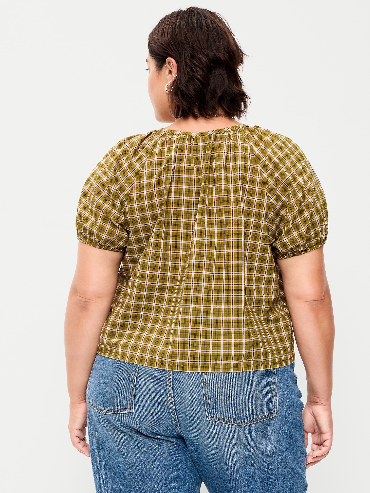 Short-Sleeve Button-Front Plaid Top