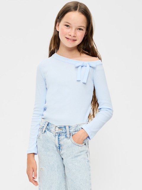 Long-Sleeve Ribbed Off-Shoulder Bow Top for Girls