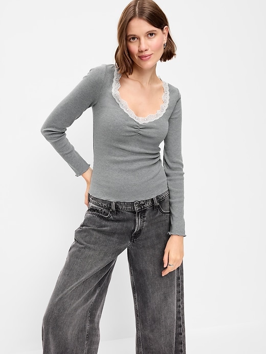 Long-Sleeve Lace Trim T-Shirt | Old Navy