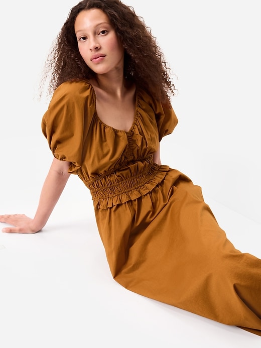 old navy brown ruffle dress Women's Fit & Flare Prairie Midi - neck smocked waist elasticized Class_Dress Square Neckline A Line SIZE:T3