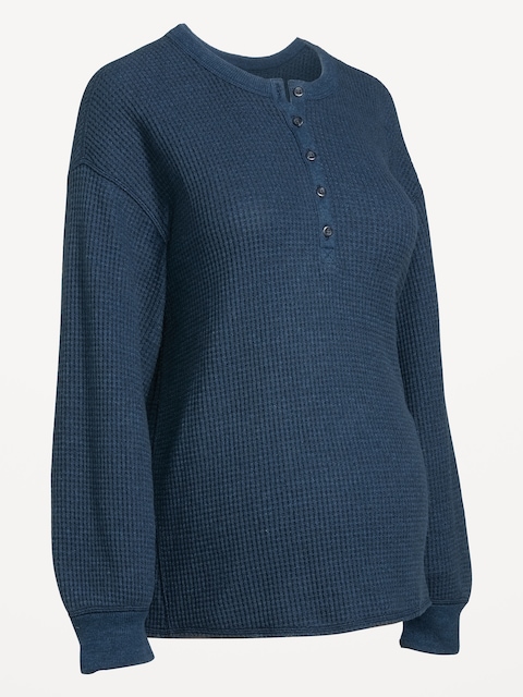 Maternity Long-Sleeve Waffle Knit Henley Top