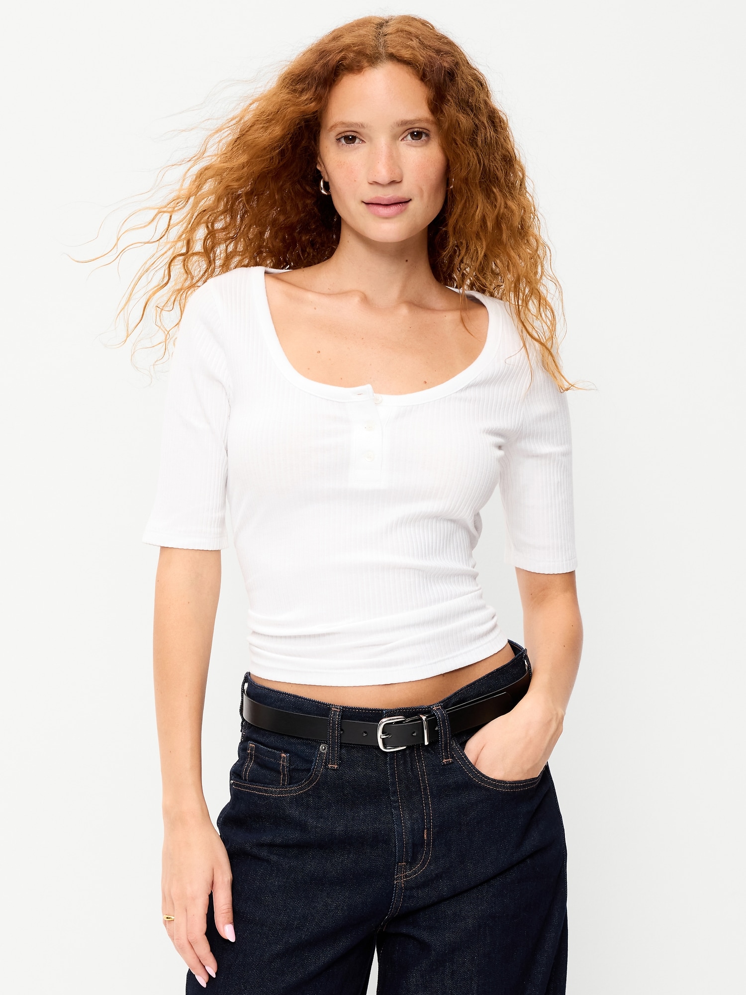Fitted Scoop-Neck Henley T-Shirt