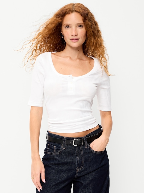 Fitted Scoop-Neck Henley T-Shirt
