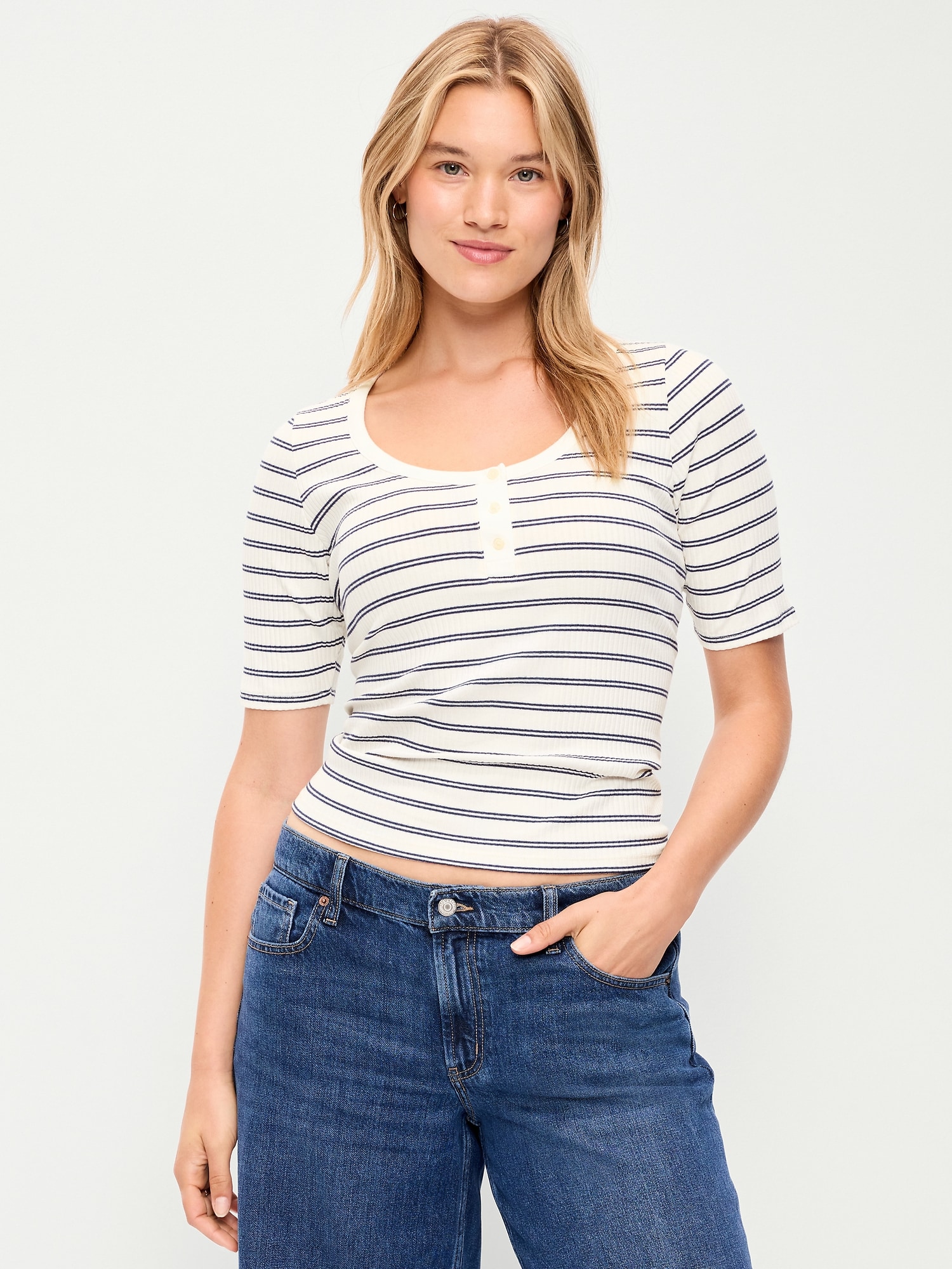 Fitted Scoop-Neck Henley T-Shirt