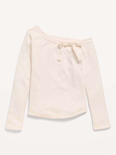Long-Sleeve Ribbed Off-Shoulder Bow Top for Girls