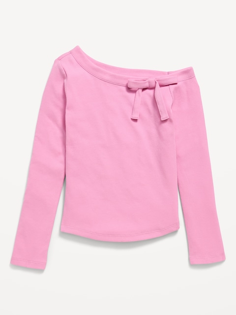 Long-Sleeve Ribbed Off-Shoulder Bow Top for Girls