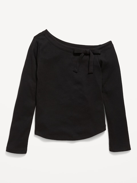 Long-Sleeve Ribbed Off-Shoulder Bow Top for Girls