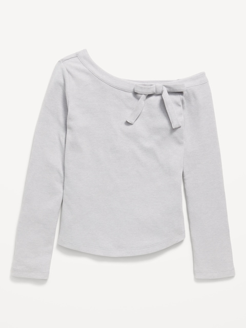 Long-Sleeve Ribbed Off-Shoulder Bow Top for Girls