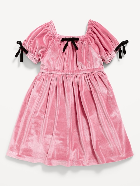 Fit and Flare Bow-Trim Velvet Dress for Toddler Girls