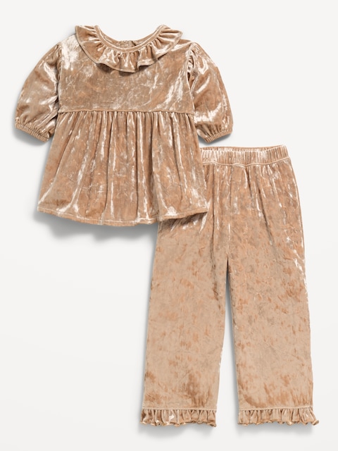 Velvet Puff-Sleeve Top and Pants Set for Toddler Girls