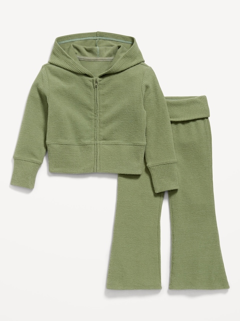 Cozy Ribbed Hoodie and Flared Pants Set for Toddler Girls