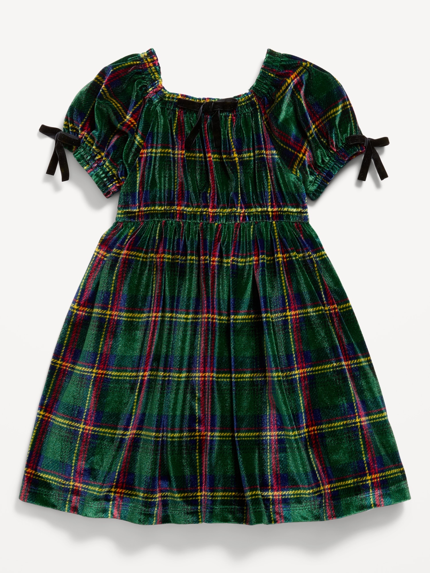 Fit and Flare Bow-Trim Plaid Velvet Dress for Toddler Girls
