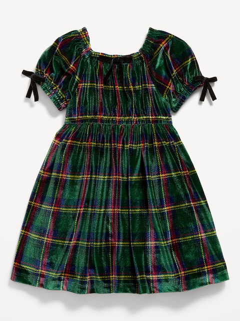 Fit and Flare Bow-Trim Plaid Velvet Dress for Toddler Girls