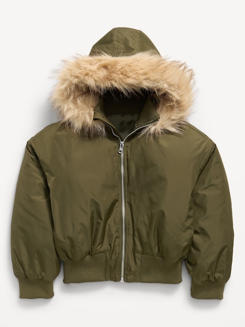Water-Resistant Oversized Faux-Fur Trim Bomber Jacket for Girls