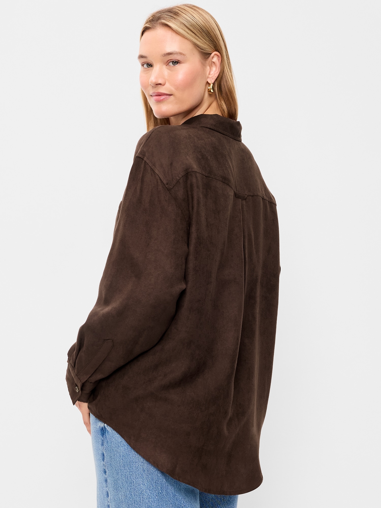 Oversized Boyfriend Button-Down Faux-Suede Shirt