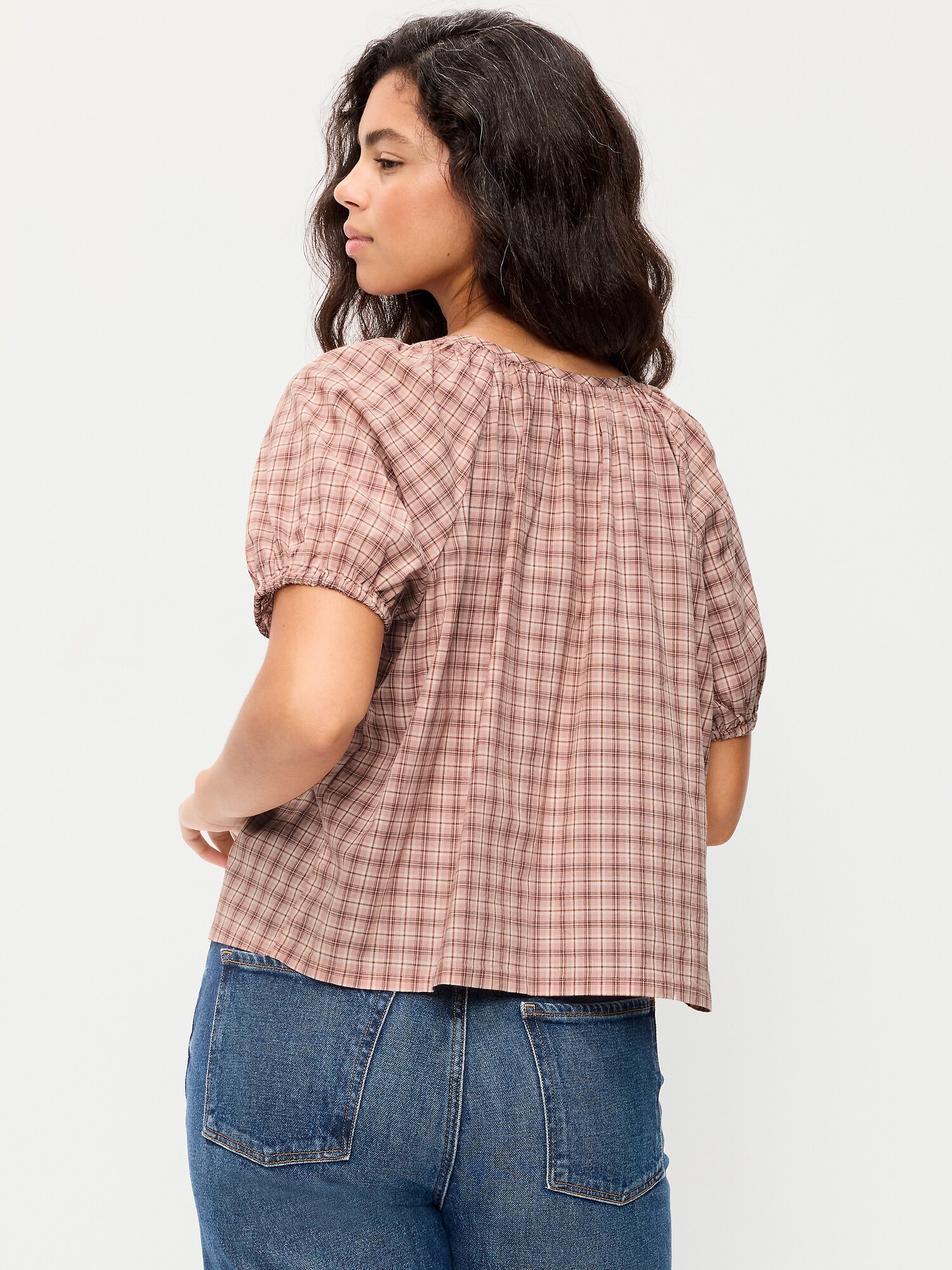 Женский топ Old Navy Short-Sleeve Button-Front Plaid Top, цвет: Розовый клетчатый — фото 6