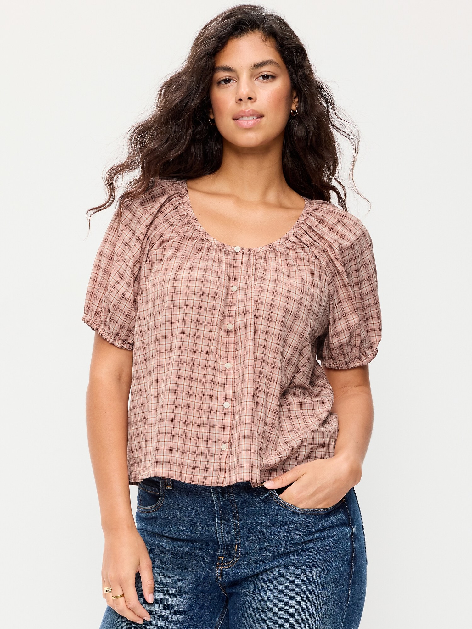 Женский топ Old Navy Short-Sleeve Button-Front Plaid Top, цвет: Розовый клетчатый — фото 5