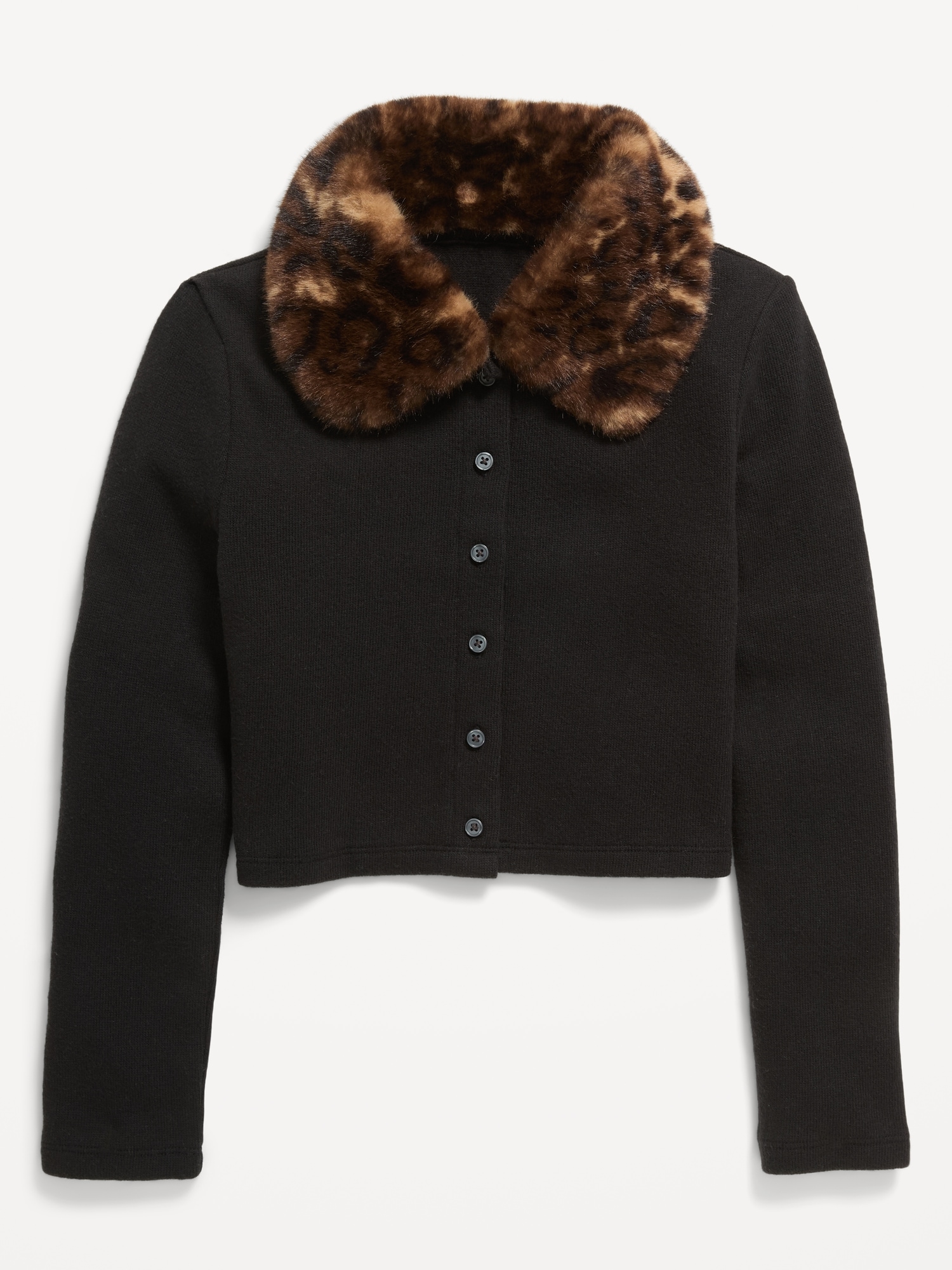 Cropped Faux-Fur Collar Cardigan Sweater for Girls