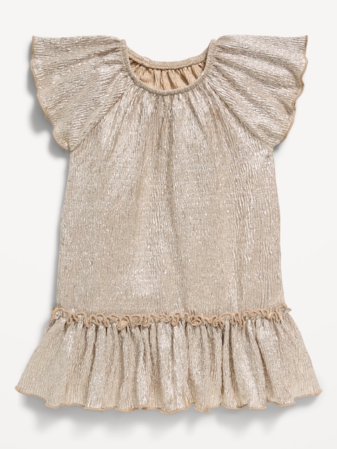 Flutter-Sleeve Metallic Swing Dress for Baby