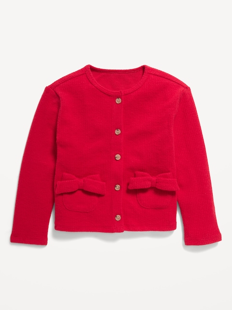 Cozy Ribbed Bow-Pocket Cardigan Sweater for Toddler Girls