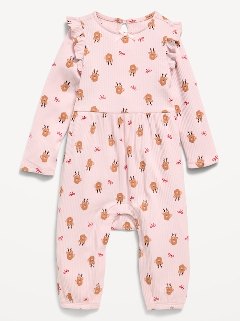Printed Long-Sleeve Ribbed Ruffle-Trim Jumpsuit for Baby