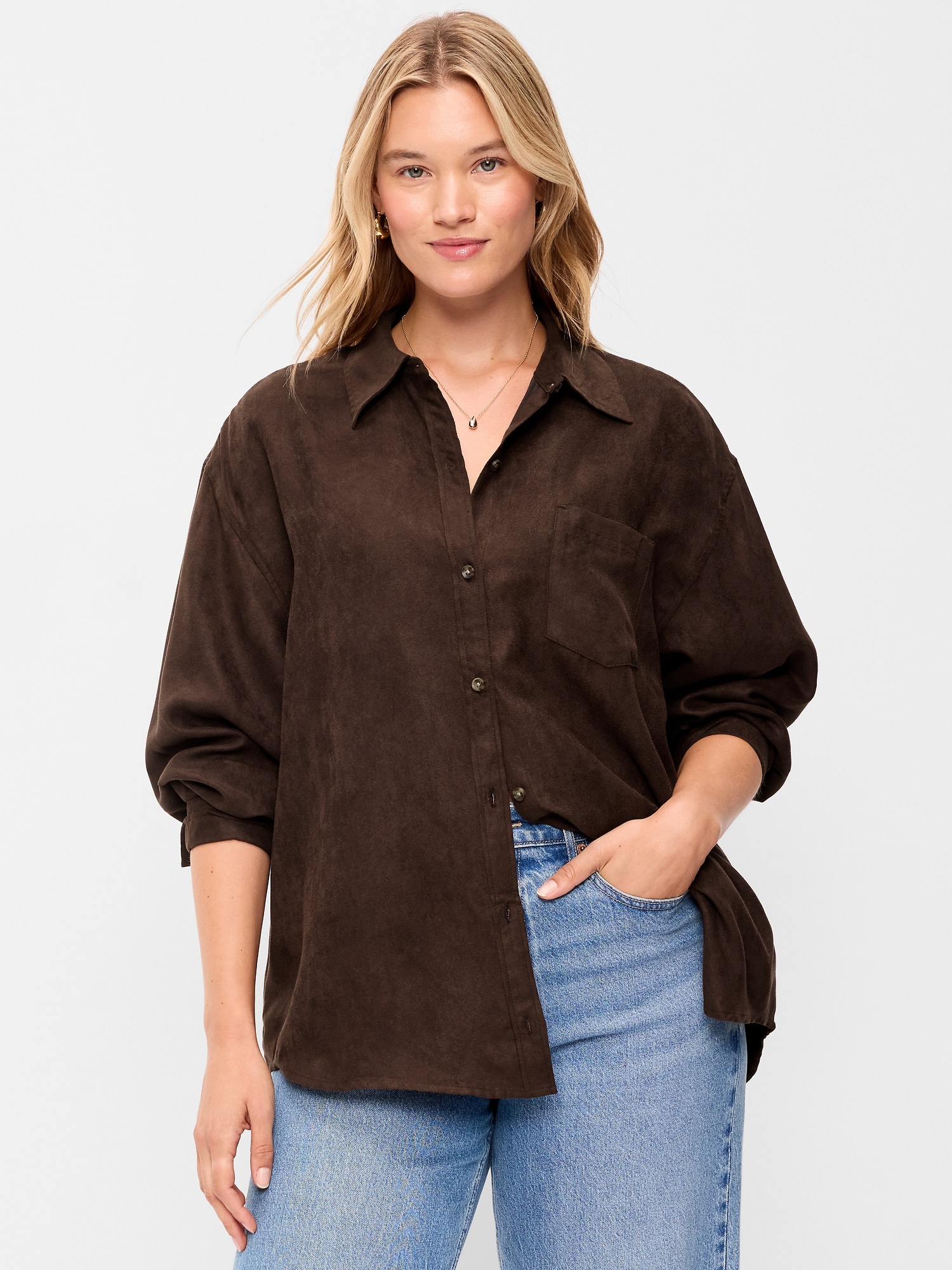 Oversized Boyfriend Button-Down Faux-Suede Shirt