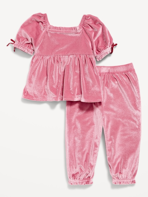 Short Puff-Sleeve Velour Top and Pants Set for Baby