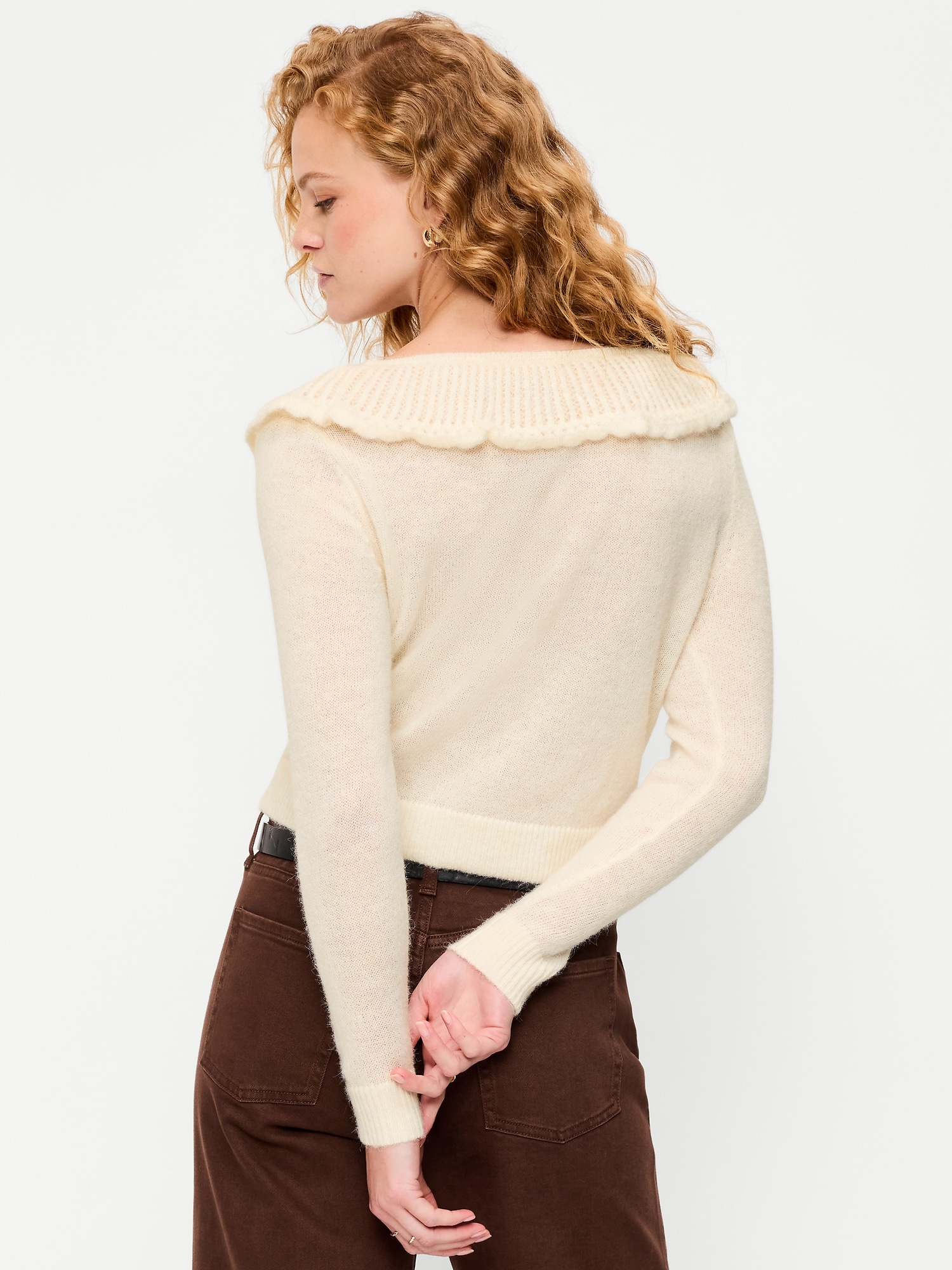 Ruffle-Collar Pointelle Cardigan