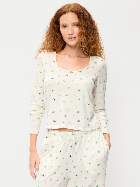 Waffle-Textured Long-Sleeve Pajama Top