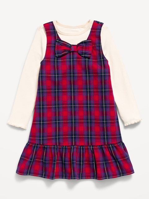 Sleeveless Plaid Dress and Long-Sleeve Top Set for Toddler Girls