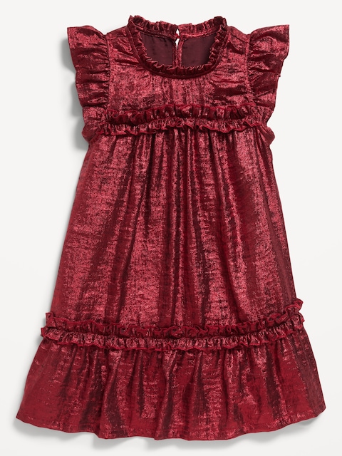 Flutter-Sleeve Metallic Swing Dress for Toddler Girls
