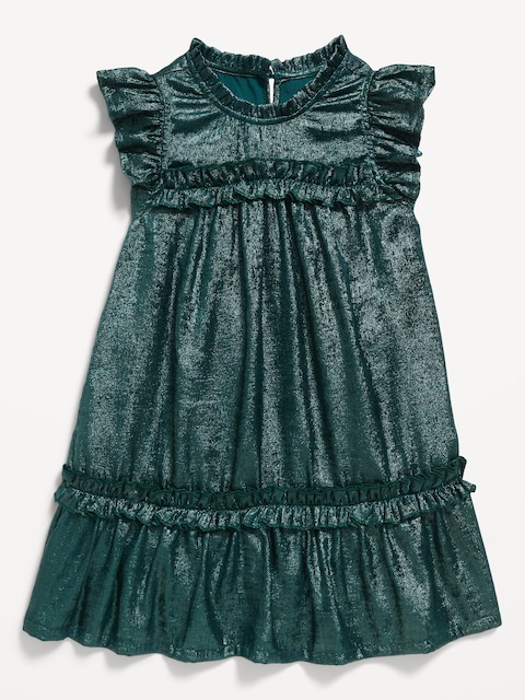 Flutter-Sleeve Metallic Swing Dress for Toddler Girls