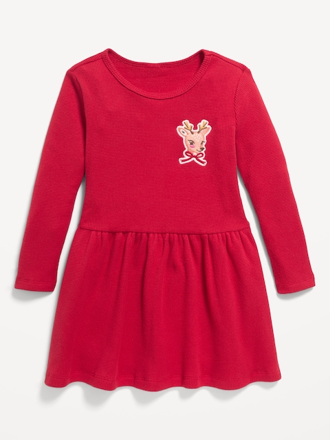 Long-Sleeve Waffle-Knit Graphic Dress for Toddler Girls