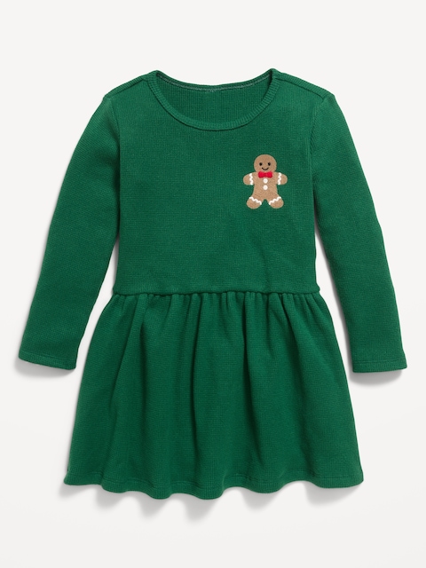 Long-Sleeve Waffle-Knit Graphic Dress for Toddler Girls