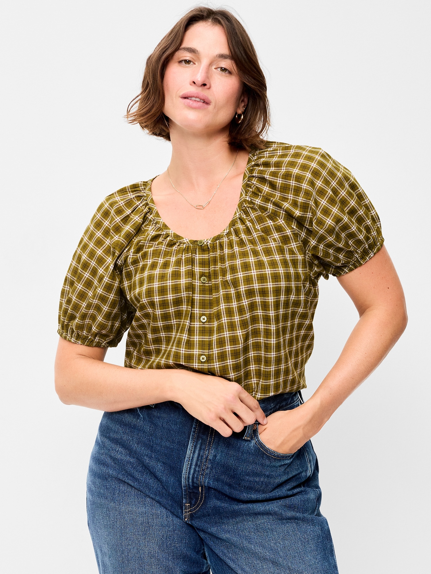 Short-Sleeve Button-Front Plaid Top