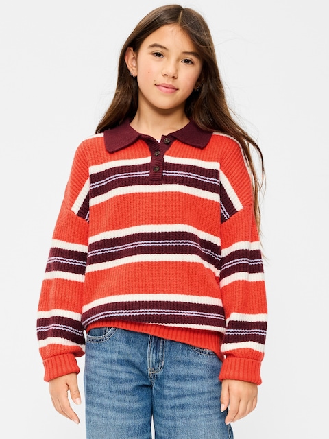 Oversized Long-Sleeve Rugby Polo Sweater for Girls