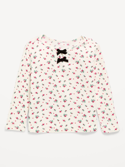 Long-Sleeve Bow-Front Pointelle-Knit Top for Toddler Girls