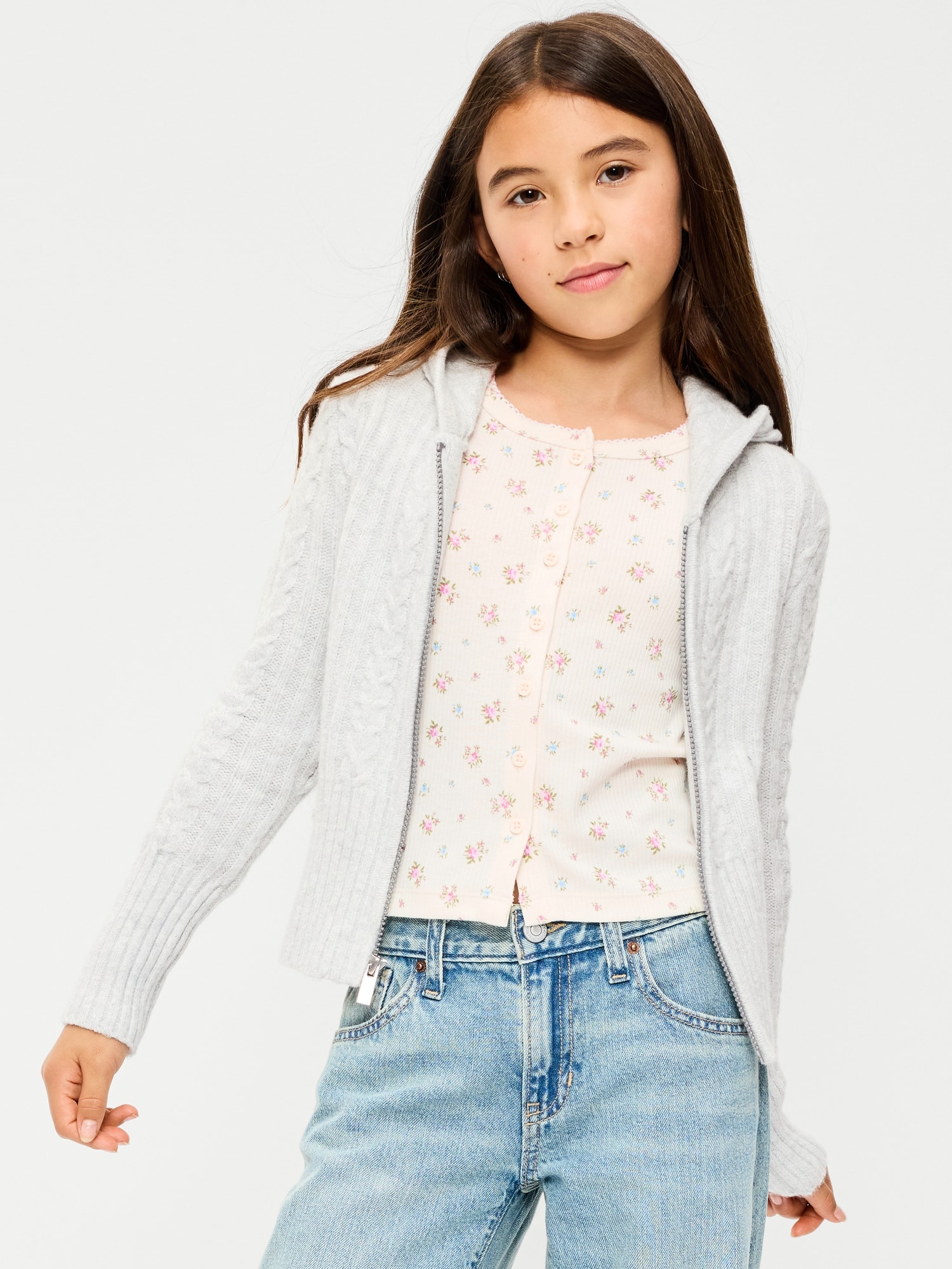 Fitted Cable-Knit Full-Zip Hoodie for Girls