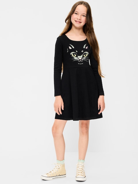 Long-Sleeve Graphic Fit and Flare Dress for Girls - Black Cat (Glow-In-The