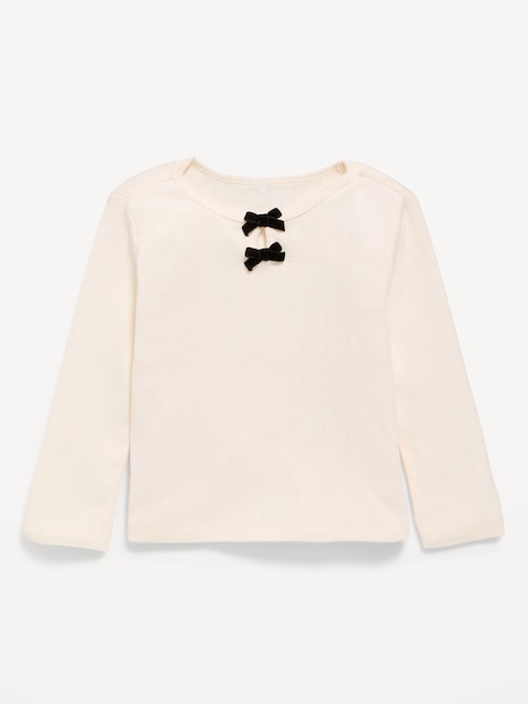 Long-Sleeve Bow-Front Pointelle-Knit Top for Toddler Girls