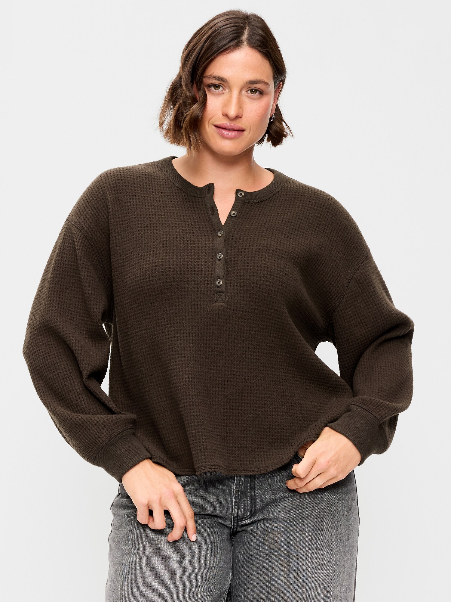 Женская футболка Old Navy Long-Sleeve Crew-Neck Henley, цвет: Чёрный кофейный — фото 5