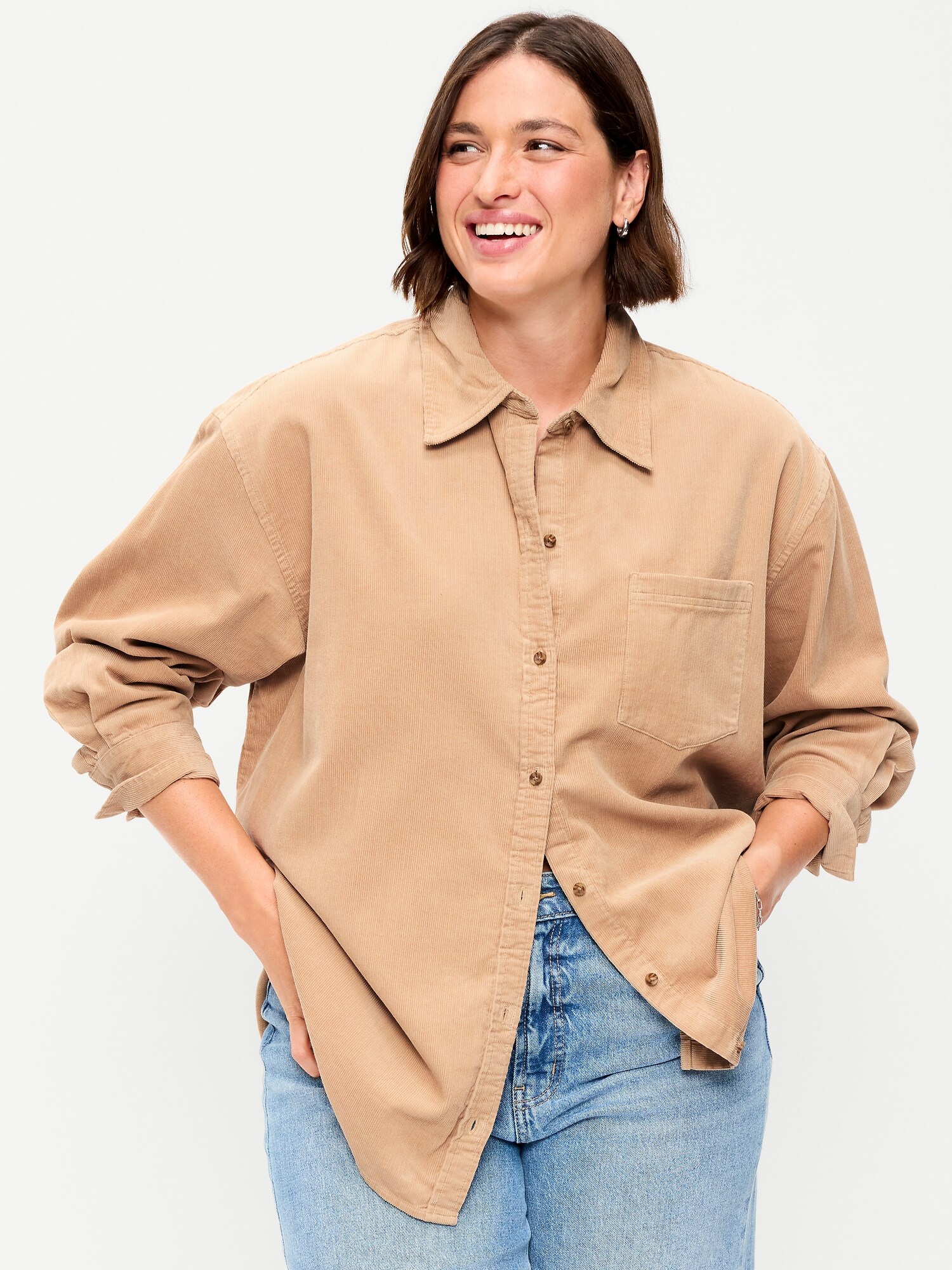 Женская рубашка Old Navy Oversized Boyfriend Button-Down Corduroy, цвет: Льняной — фото 5
