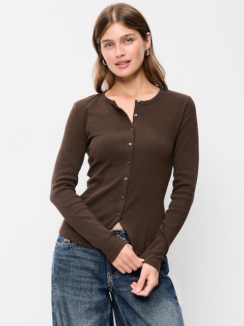 Snug Long-Sleeve Button-Front Ribbed Top