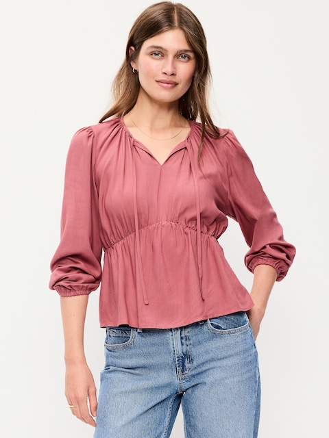 Long-Sleeve Ruched Tie-Neck Top