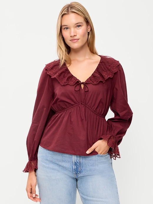 トップス Flared sleeve ribbon and frill zip tops Long-Sleeve Ruffle Collar Peplum Top | Old Navy