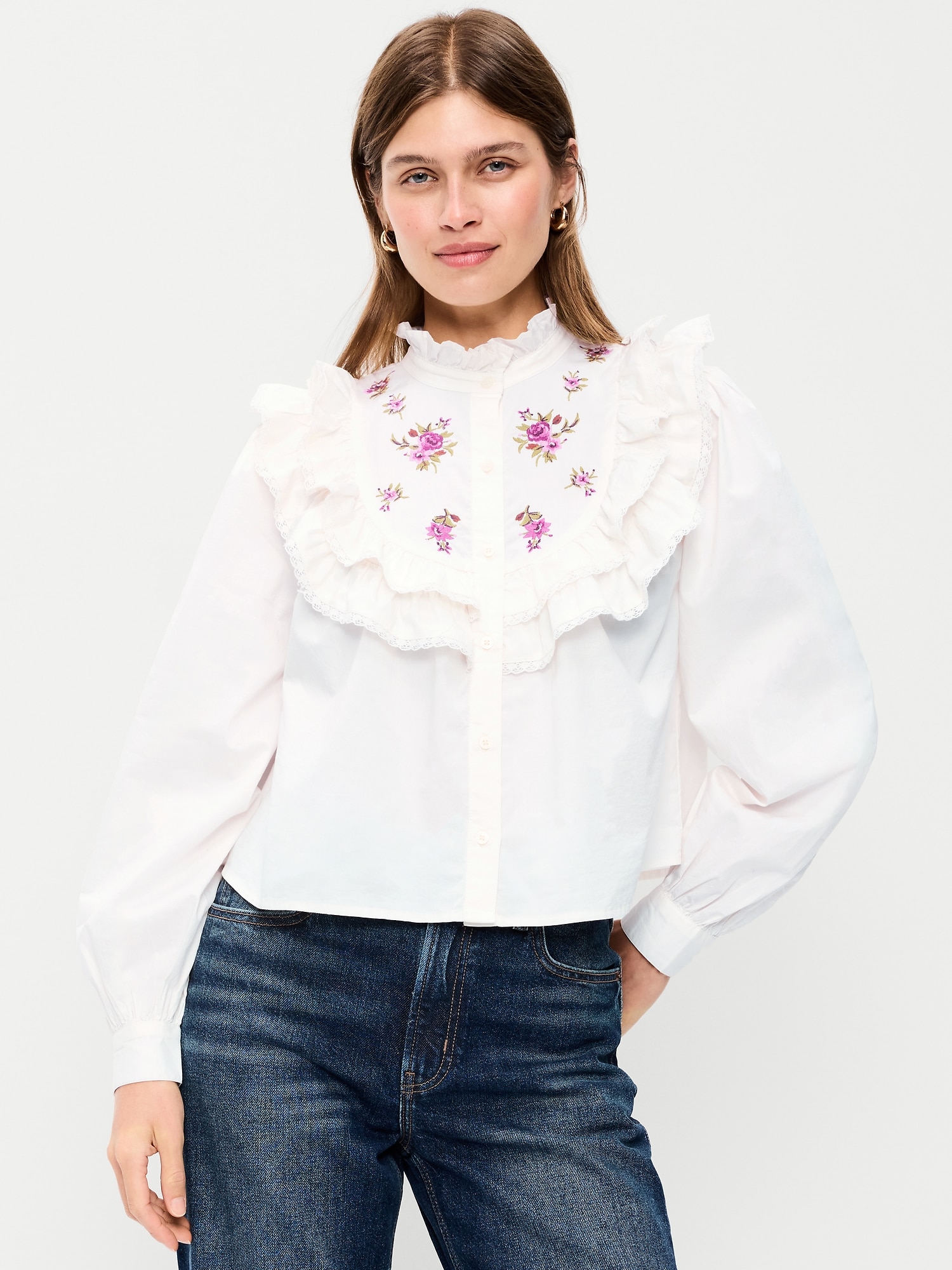 Long-Sleeve Embroidered Ruffle-Trim Button-Front Top | Old Navy