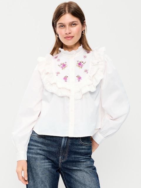 Long-Sleeve Embroidered Ruffle-Trim Button-Front Top