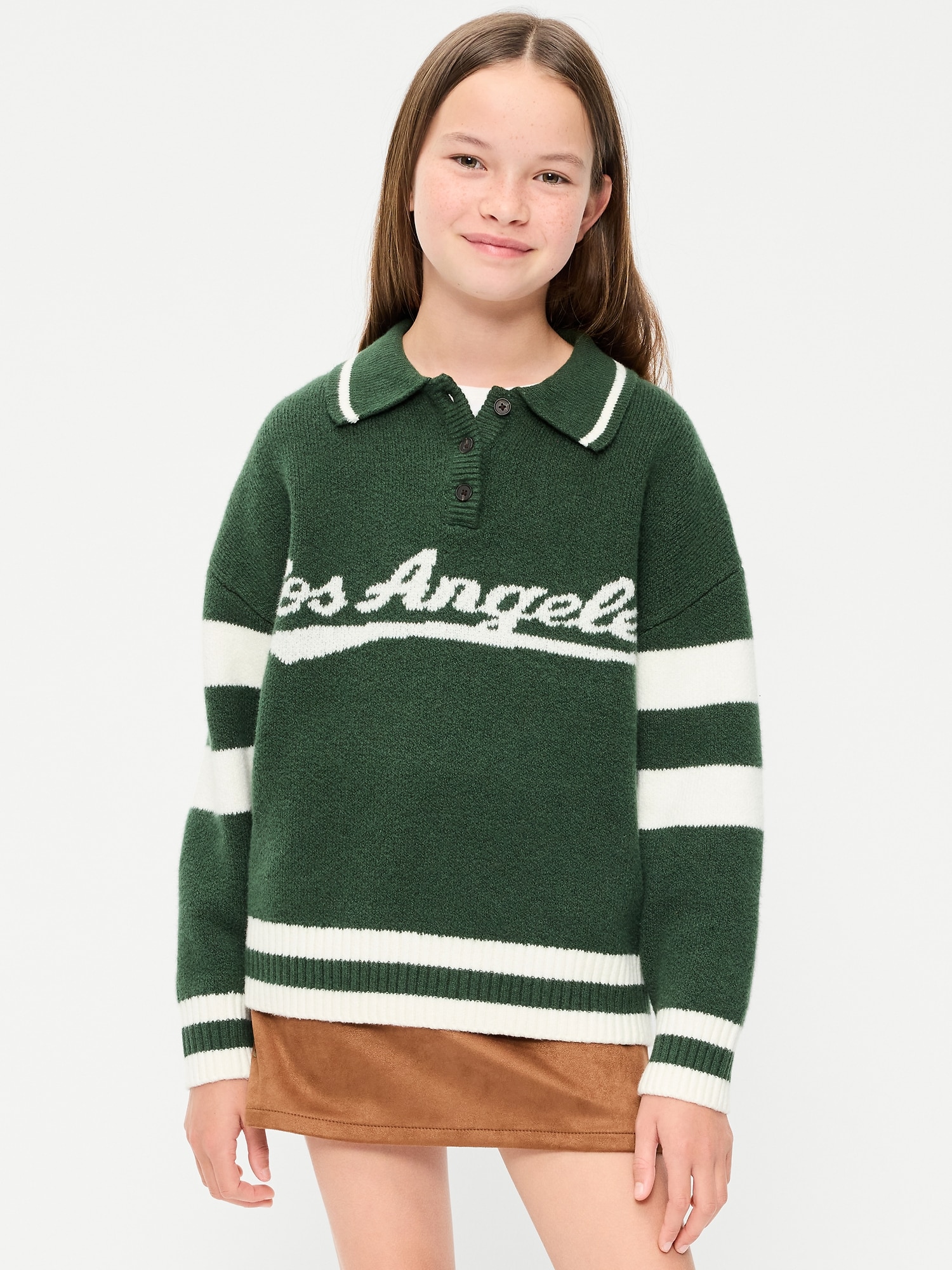 Oversized Long-Sleeve Rugby Polo Sweater for Girls